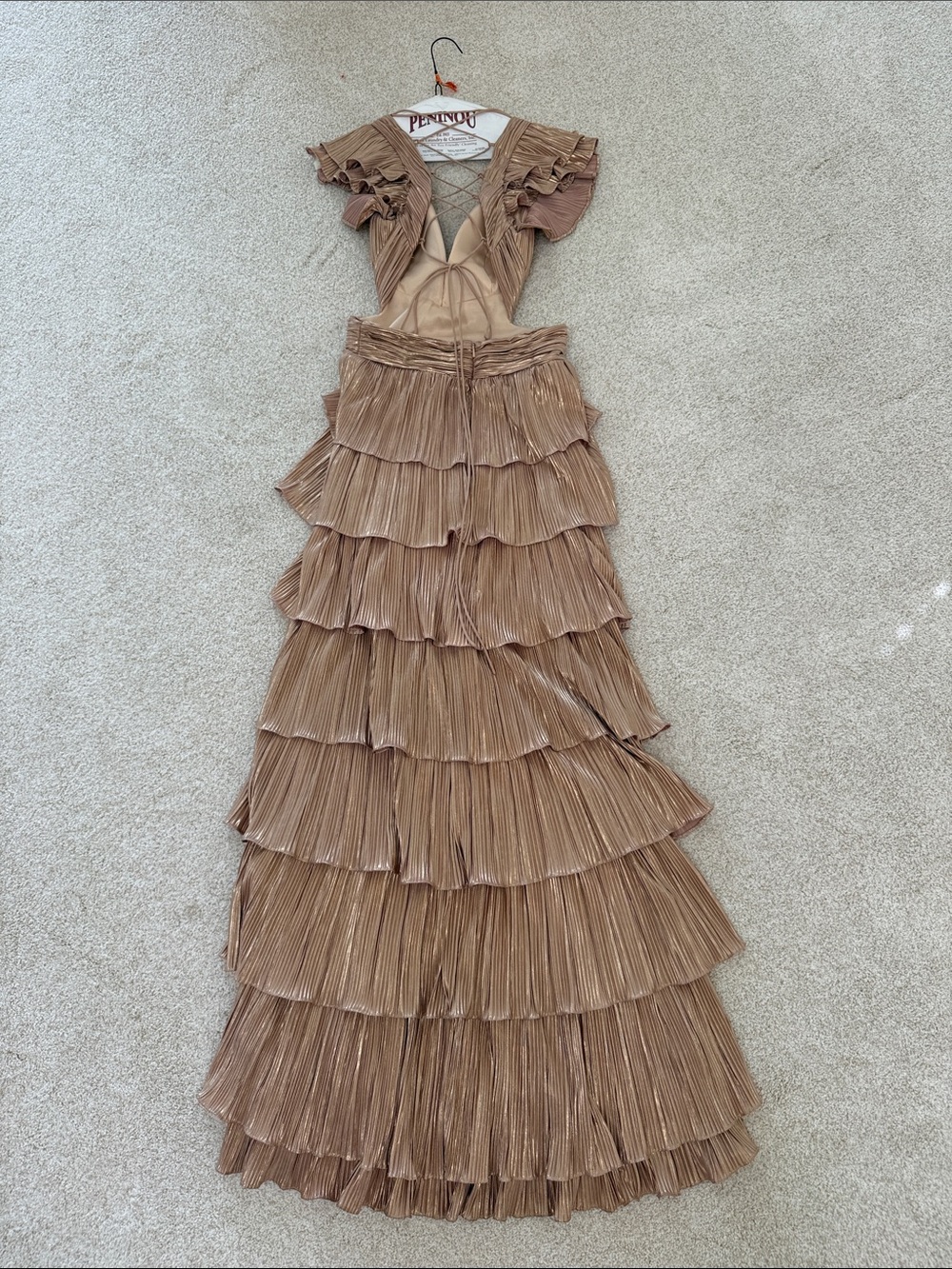 Mac Duggal Gold Tiered Ruffle Lace-Back Evening Gown - Picture 10 of 11